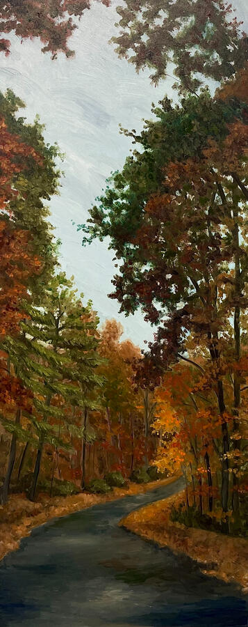 Beneath the Autumn Canopy, oil on linen. 2024. 16x40x2" Available.