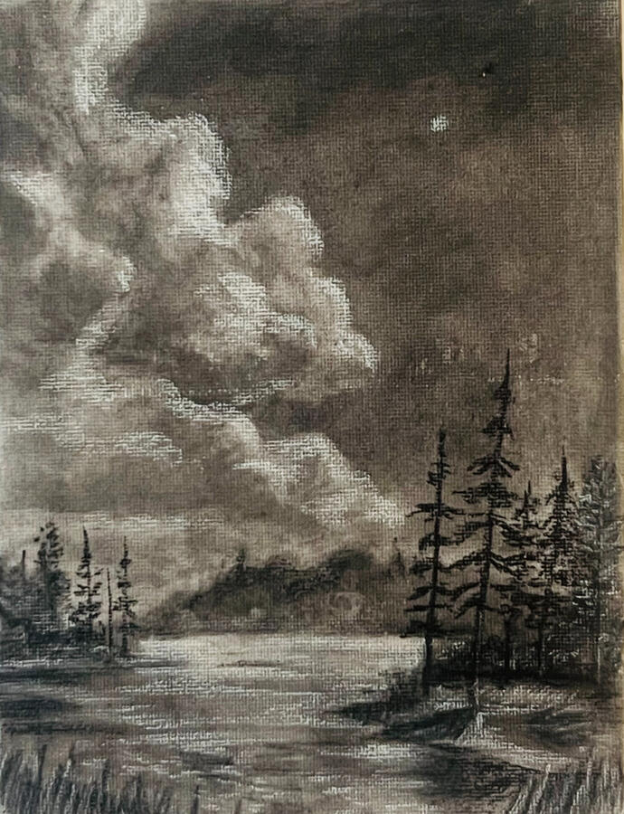 Moonlit Trees. 6x8" charcoal on canvas board. Unavailable. 2024