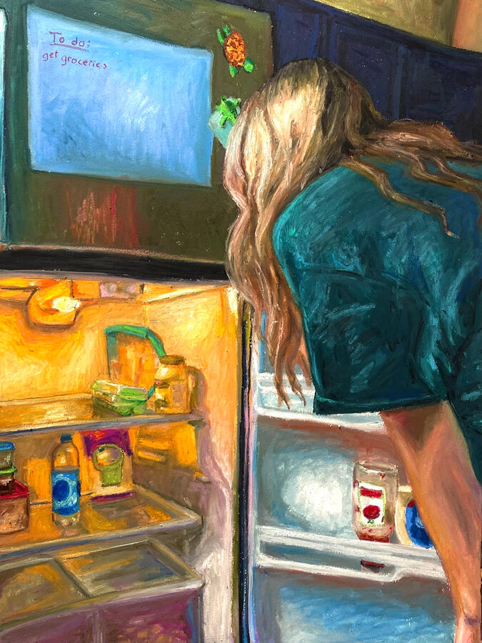 20 something year old's fridge. 25x40" oil pastel drawing. 2023